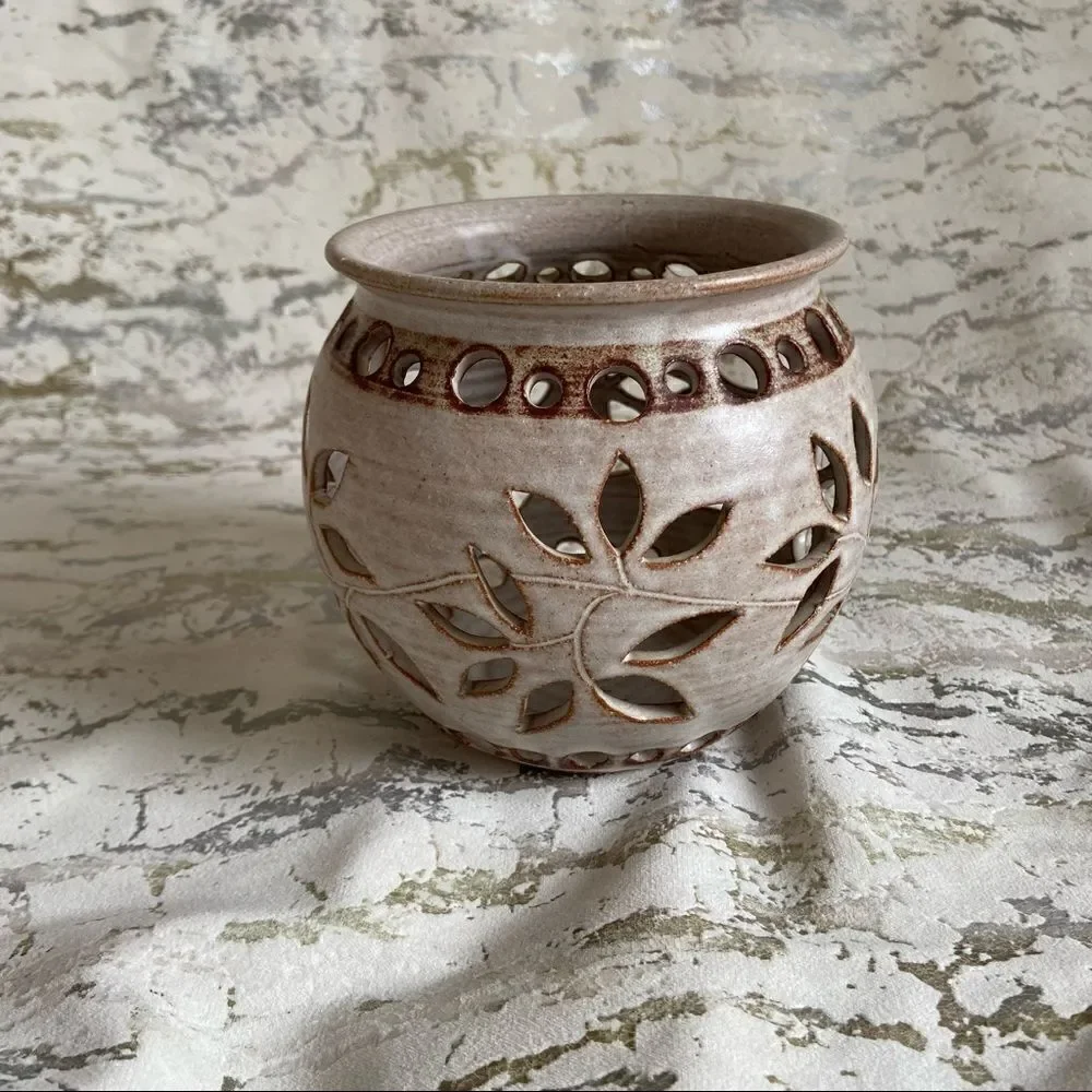 Vintage Hand glazed Pottery Signed Floral Cutout